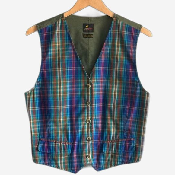 Liz Sport Waistcoat Plaid Vest ButtonUp VNeck +Pockets Sz Small Petite Vintage - Picture 1 of 7